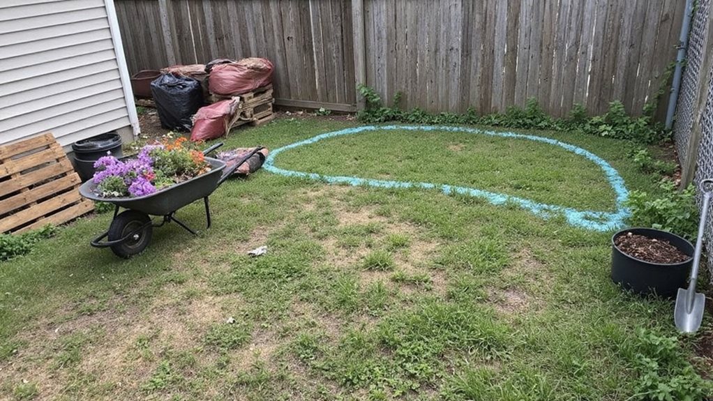 Amateurish photo with overexposed patches showing a modest suburban backyard mid-transformation. Uneven lighting captures scattered mulch bags, a wheelbarrow filled with discount perennials, and hand-drawn garden bed outlines marked with spray paint on patchy grass. Budget-friendly elements include repurposed wooden pallets stacked near a fence, plastic plant containers, and a basic shovel leaning against a chain-link boundary.