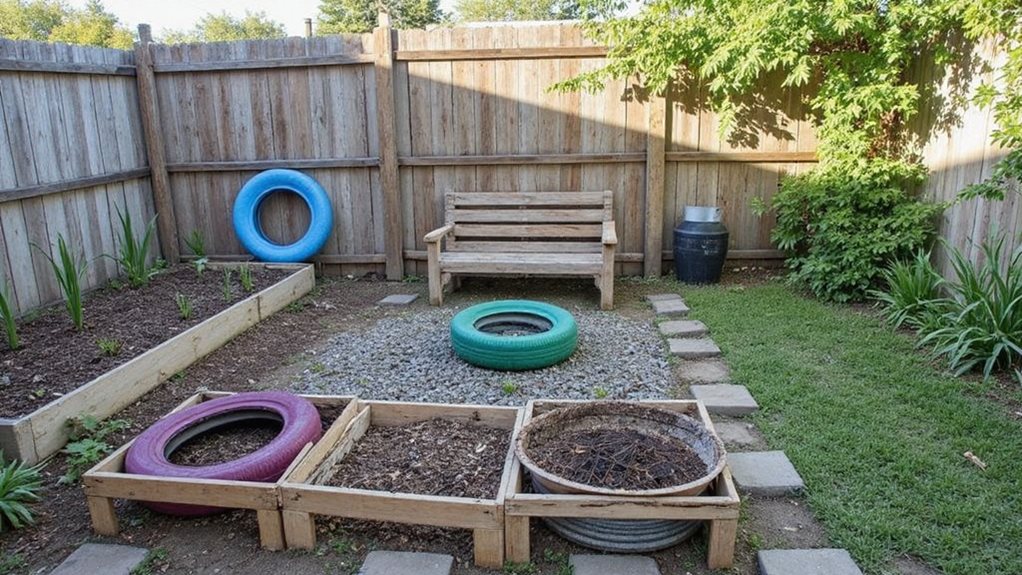 Amateurish photo with overexposed sunlight filtering through a modest backyard showing DIY landscaping elements: hand-built wooden raised beds filled with mulch, repurposed tire planters painted bright colors, scattered gravel pathways leading to a simple fire pit made from stacked stones, young seedlings in recycled containers, and a basic wooden bench constructed from pallets positioned near overgrown grass areas.