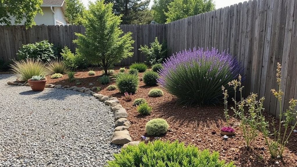 Amateurish photo with overexposed afternoon sunlight illuminating a modest backyard transformation featuring drought-resistant succulents clustered in recycled terra cotta pots, purple lavender bushes bordering a gravel pathway, and ornamental grasses swaying beside a simple wooden fence. Mulched flower beds contain low-maintenance perennials like black-eyed Susans and hostas, while river rocks create natural borders around established shrubs requiring minimal watering and pruning.