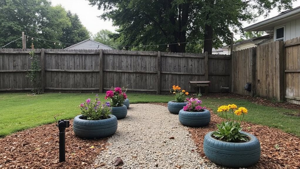 Overexposed GoPro lens photograph capturing a modest backyard transformation with uneven lighting. Foreground shows scattered mulch around newly planted hostas and marigolds in repurposed plastic containers. Central focus reveals a simple gravel pathway bordered by painted tire planters filled with colorful petunias. Background features a basic wooden pallet fence and string lights hung between makeshift posts, creating depth despite the harsh afternoon shadows washing out details.