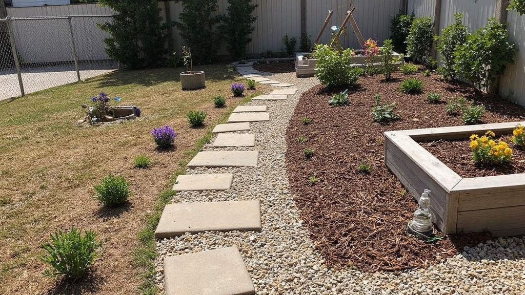 Amateurish photo with overexposed afternoon sunlight showing a modest backyard transformation. Patchy brown grass dotted with inexpensive mulched flower beds containing purple petunias and yellow marigolds. Simple gravel pathway winds between cost-effective landscaping elements: repurposed wooden planters, basic stepping stones, and young shrubs. Chain-link fence visible in background with small vegetable garden plot featuring tomato stakes and plastic plant markers.