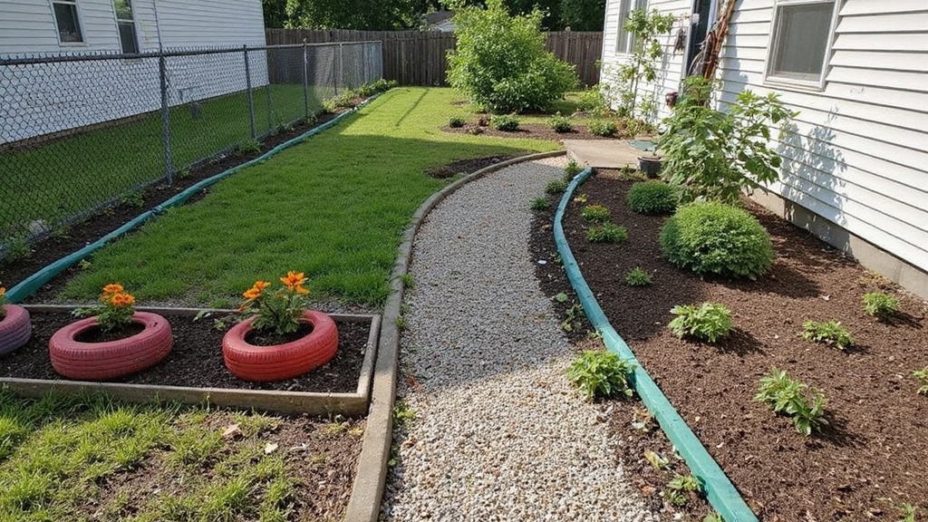 Amateurish photo with overexposed afternoon sunlight casting harsh shadows across a modest backyard transformation. Mulched garden beds line a chain-link fence, filled with budget-friendly marigolds, hostas, and volunteer sunflowers. A DIY gravel pathway meanders between repurposed tire planters painted bright colors. Plastic edging separates patchy grass from newly planted shrubs, while a homemade trellis supports climbing morning glories against weathered siding.