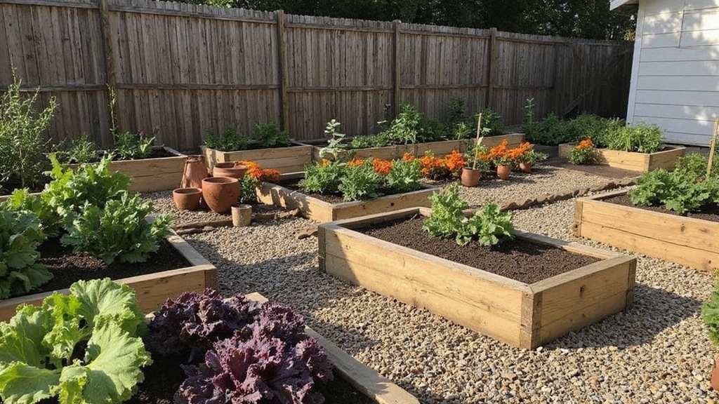 Amateurish photo with overexposed sunlight streaming through wooden fence slats, illuminating a compact rectangular garden plot. Raised cedar planter boxes arranged in neat parallel rows contain vibrant green lettuce, purple kale, and orange marigolds. Gravel pathways zigzag between beds. Terra cotta pots cluster near weathered garden shed corner. GoPro lens perspective captures geometric layout with sharp shadows creating contrast patterns across mulched soil surfaces.