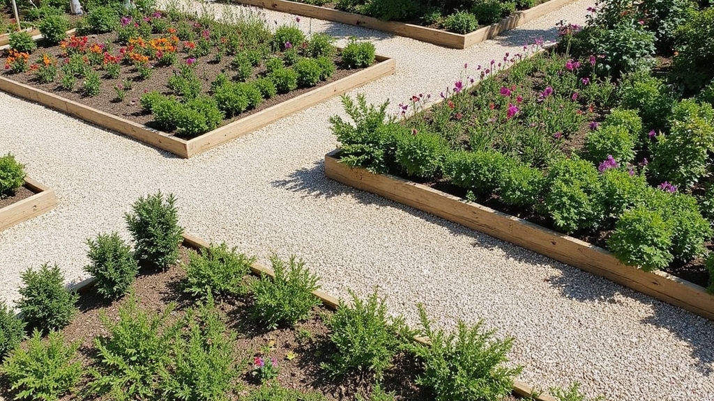 Overexposed aerial photograph showing a beginner's rectangular garden layout with clearly defined geometric sections. Bright sunlight washes out portions of neatly arranged raised beds containing colorful flowering plants in organized rows. Curved pathways made of light-colored gravel meander between structured planting areas. Simple wooden borders separate herbs, vegetables, and ornamental flowers. The harsh lighting creates stark shadows that emphasize the basic symmetrical design patterns ideal for novice gardeners.