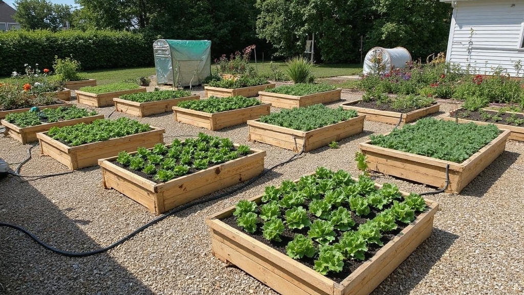 Amateurish photo with overexposed sunlit patches showing a beginner's garden divided into distinct rectangular zones. Wooden raised beds contain neat rows of lettuce and tomato seedlings. A composting corner sits adjacent to herb spirals near the house. Gravel pathways separate designated areas for vegetables, flowers, and tool storage. GoPro lens captures wide-angle view of the systematic layout with visible irrigation lines connecting each planned section.