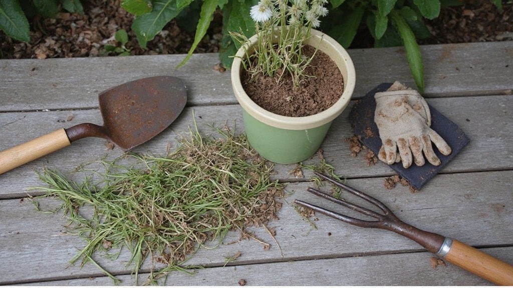 Amateurish photo with low lighting shows essential weeding tools scattered across weathered wooden planks. A rusted hand cultivator with bent tines lies beside a dulled hoe blade, while tangled dandelion weeds with dirt-caked roots sprawl across the frame. Overexposed patches blur the background garden bed. A chipped ceramic pot holds wilted plant stems, and muddy gardening gloves rest crumpled near a broken weeding fork with wooden handle.