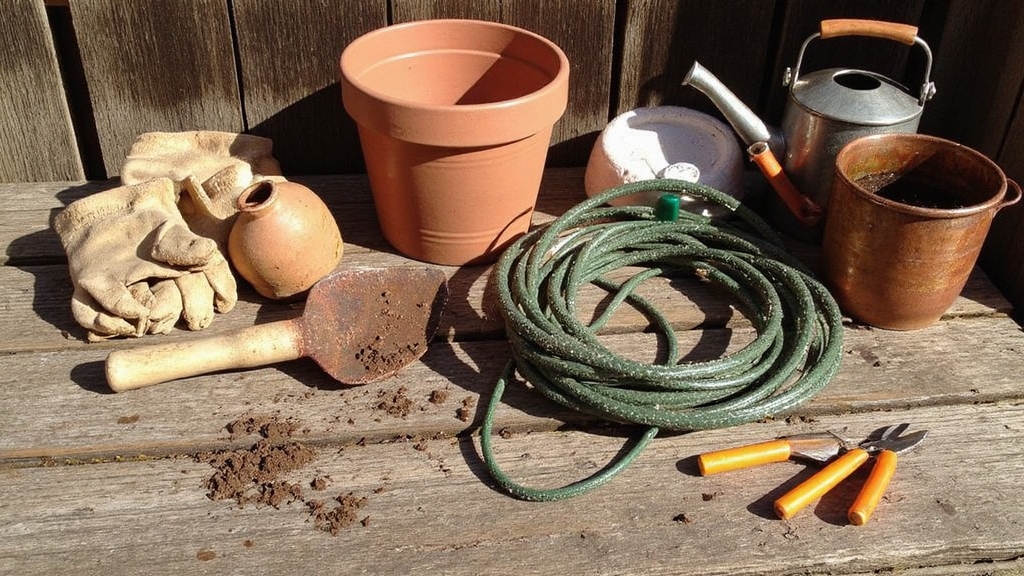 Amateurish photo with overexposed garden shed backdrop showcasing essential planting tools scattered across weathered wooden potting bench. Rusty hand trowel with soil-caked blade, worn leather work gloves, coiled green hose nozzle, ceramic terracotta pots in various sizes, metal watering can with oxidized copper finish, and pruning shears with orange rubber grips. Natural morning sunlight creates harsh shadows across the organic arrangement of implements.