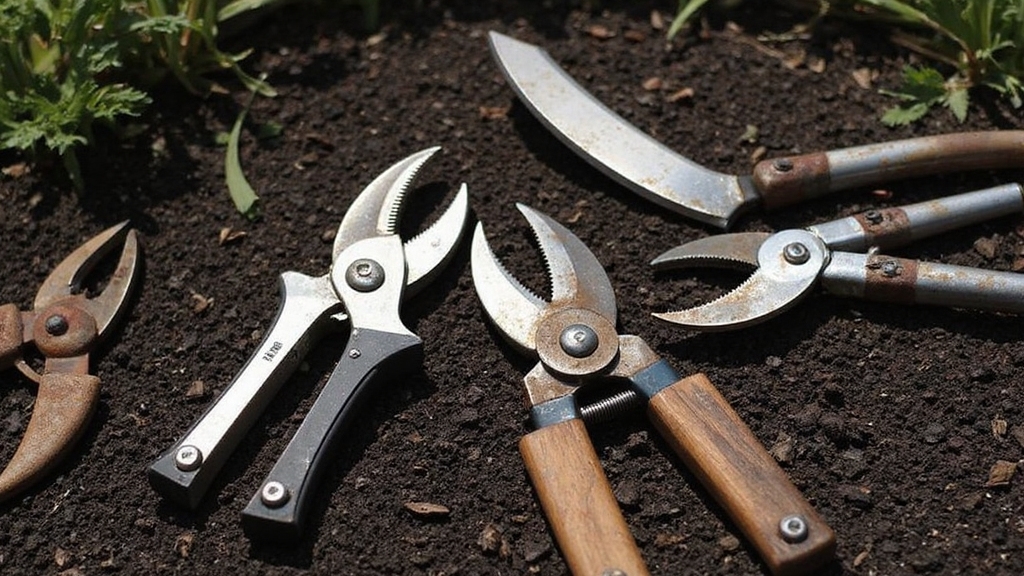 Amateurish photo with overexposed lighting showing essential pruning shears with curved steel blades, weathered wooden handles, and safety locks scattered across dark soil. Sharp bypass loppers with extended aluminum arms rest beside compact hand pruners featuring spring-loaded mechanisms. Rust-speckled anvil cutters and precision deadheading scissors create depth against blurred garden bed background, while morning shadows cast harsh angles across the metallic cutting edges and ergonomic grips.