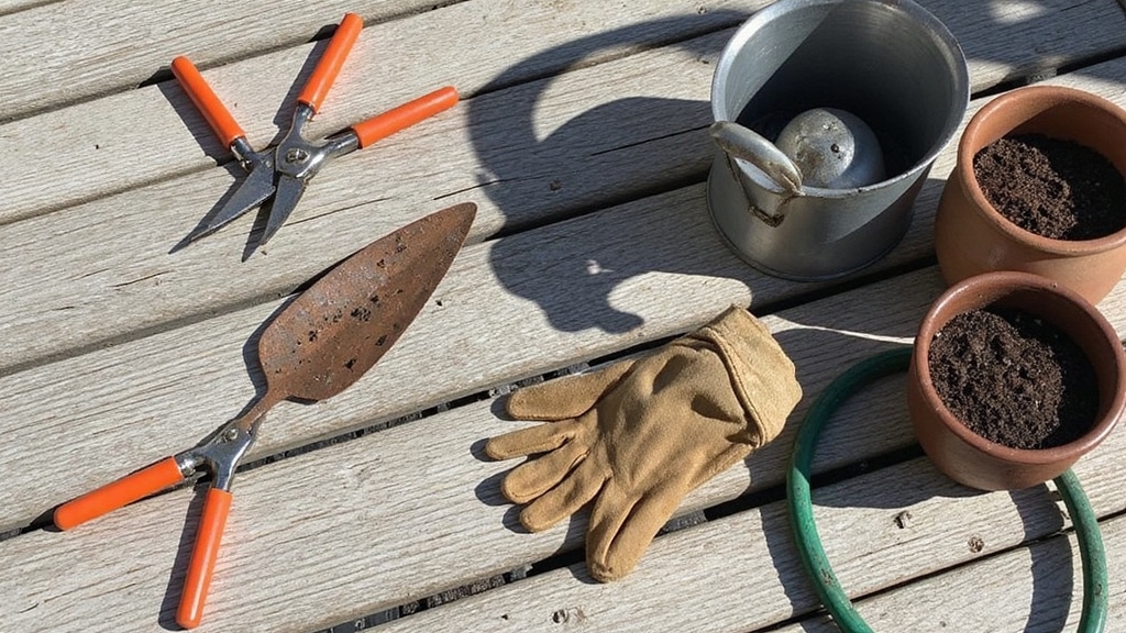 Overexposed photograph showing essential gardening tools sprawled across weathered wooden planks. Hand pruners with bright orange handles, a rusty steel trowel with soil clinging to its blade, worn leather work gloves, and a coiled green garden hose catch harsh sunlight. Metal watering can with dented surface sits beside ceramic plant pots filled with dark potting soil, creating stark shadows against the bleached deck boards.