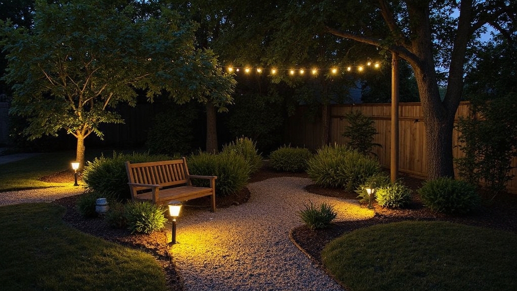 Amateurish photo with underexposed foreground showing a modest backyard garden at dusk. Warm amber pathway lights illuminate a simple gravel walkway meandering between low boxwood hedges and scattered lavender bushes. Solar stake lights create gentle pools of yellow glow around a small wooden bench. String lights hang loosely between two young maple trees, casting soft shadows on newly planted hostas and mulched flower beds.