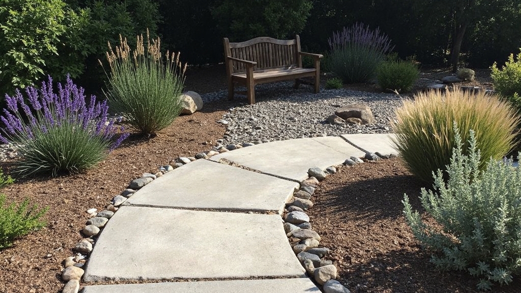 Amateurish photo with overexposed concrete pavers creating a curved pathway through drought-resistant succulents and ornamental grasses. Low lighting casts soft shadows across weathered stone edging that separates mulched planting beds from a small gravel seating area. Native lavender and sage plants frame a simple wooden bench, while river rocks form natural borders around established shrubs, demonstrating budget-friendly hardscaping elements that organize the intimate backyard space.